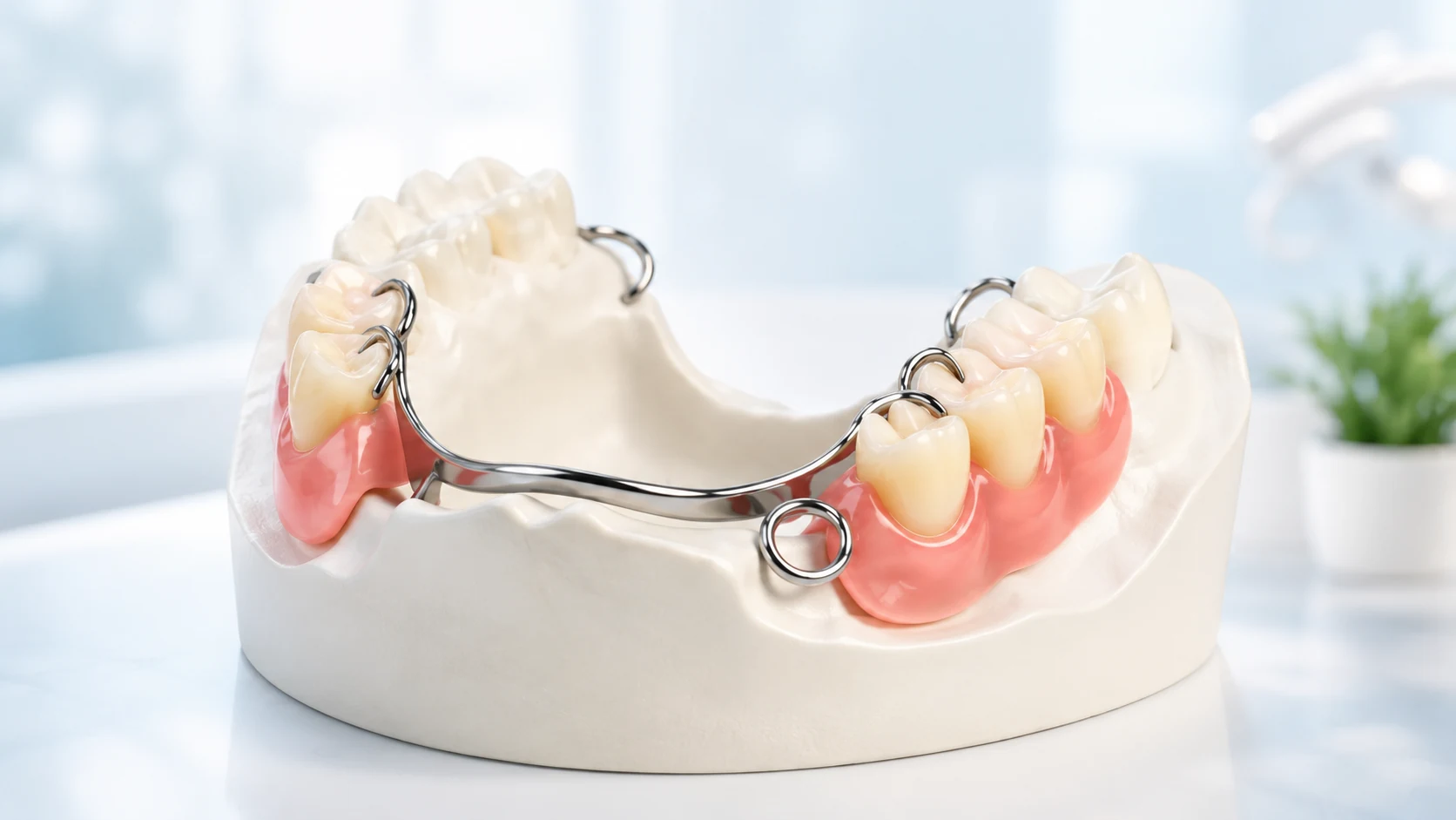 Animated illustration of a removable partial denture with replacement teeth, pink gum base, and metal clasps on a dental model